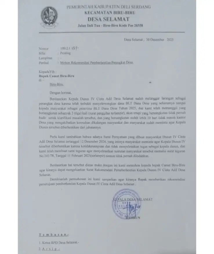 Selewengkan BLT, Masyarakat Minta Kadus Dusun IV Cinta Adil Desa Selamat  Diberhentikan